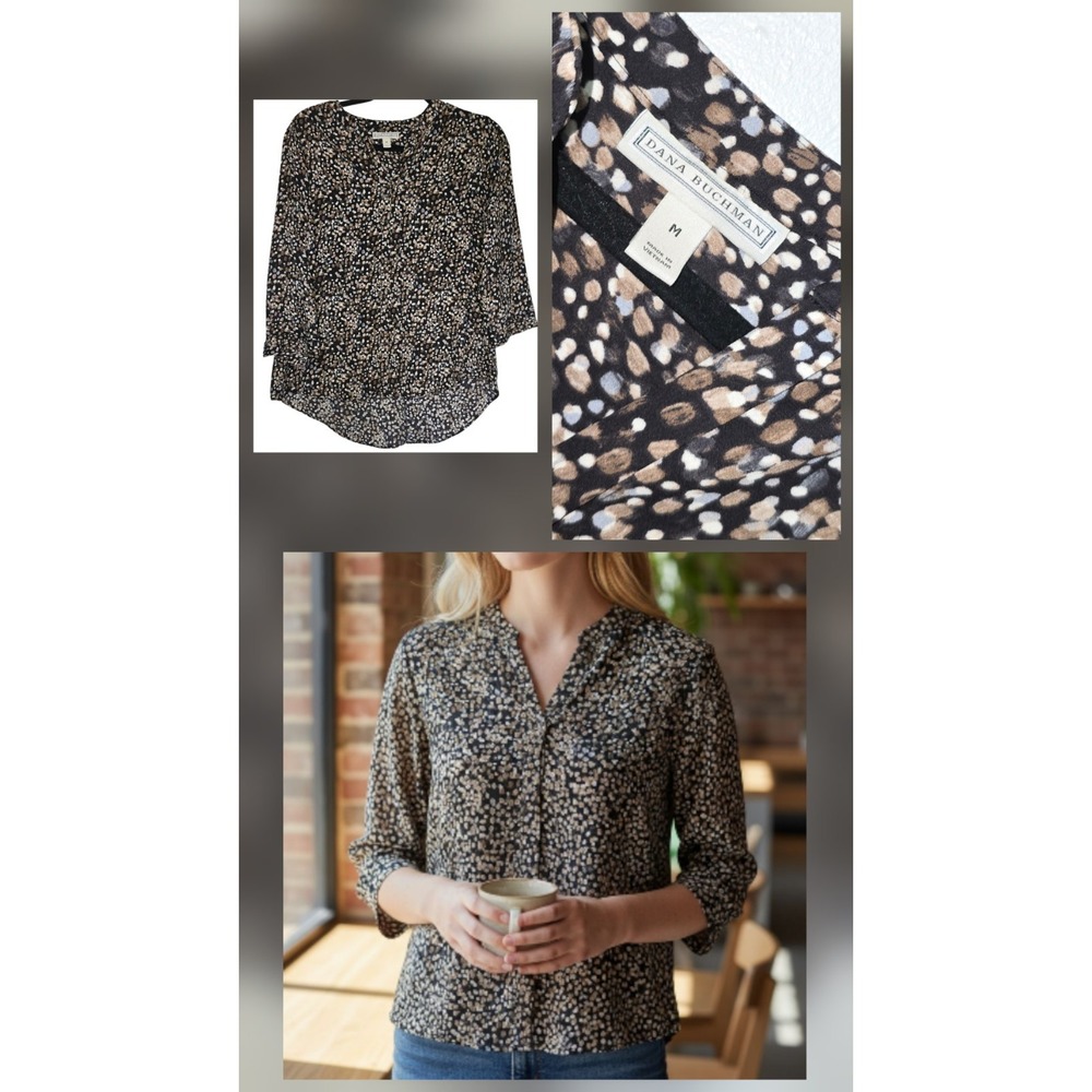 Dana Buchman size med Gauze V-Neck Pintuck Top Blouse Tunic Neutral Fall